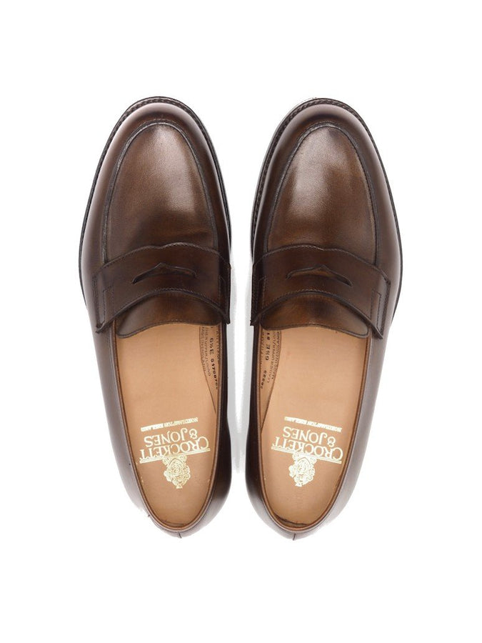 Top view of Crockett & Jones Grantham 2 penny loafers in dark brown burnished calf