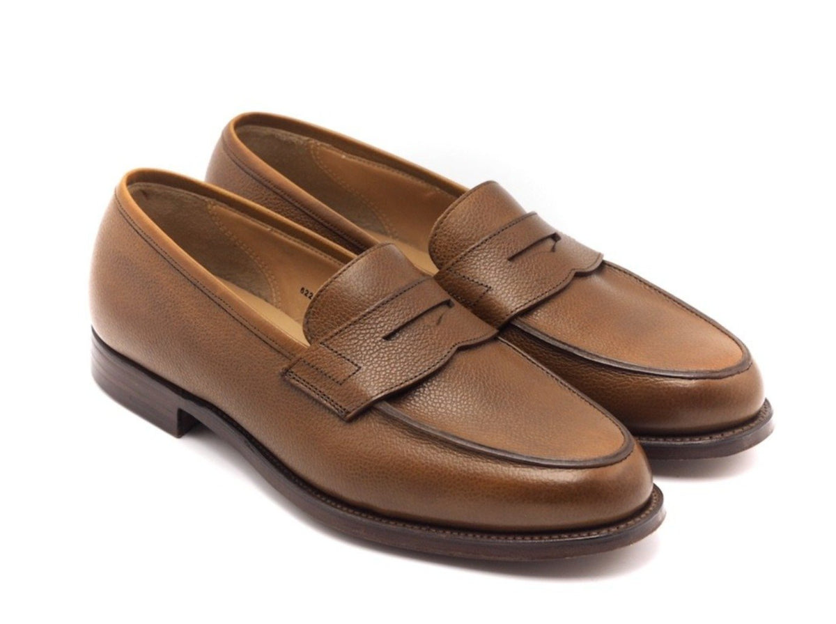 Front angle view of Crockett & Jones Grantham 2 penny loafers in tan pebble grain calf