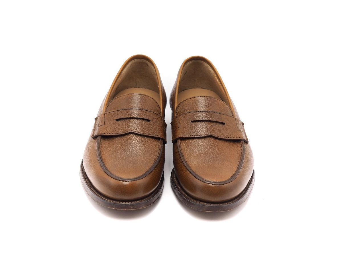 Front view of Crockett & Jones Grantham 2 penny loafers in tan pebble grain calf