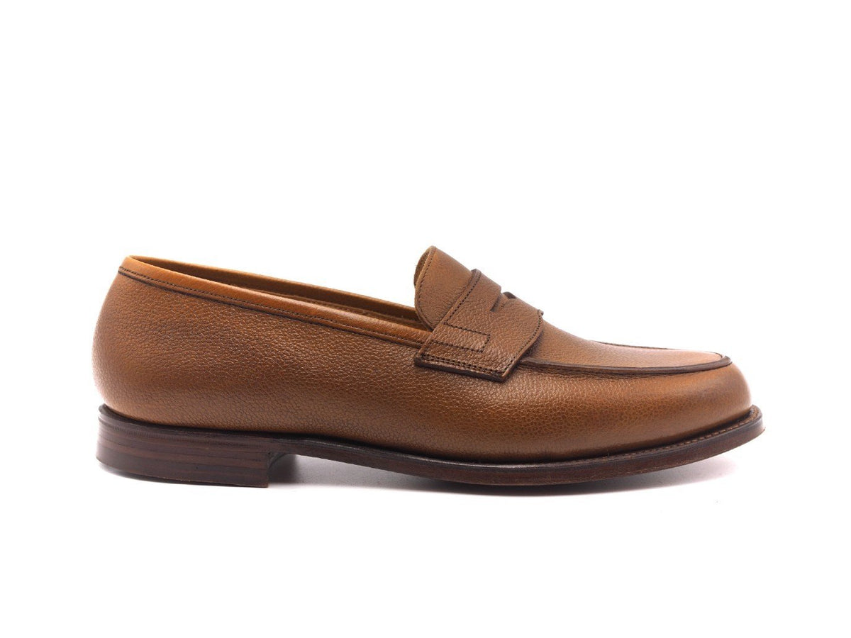 Side view of Crockett & Jones Grantham 2 penny loafers in tan pebble grain calf