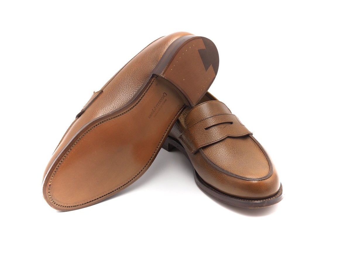 Leather sole of Crockett & Jones Grantham 2 penny loafers in tan pebble grain calf