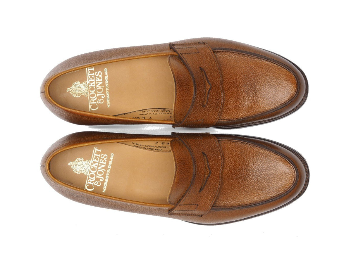 Top view of Crockett & Jones Grantham 2 penny loafers in tan pebble grain calf