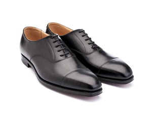 Front angle view of Crockett & Jones Hallam plain captoe oxford shoes in black calf