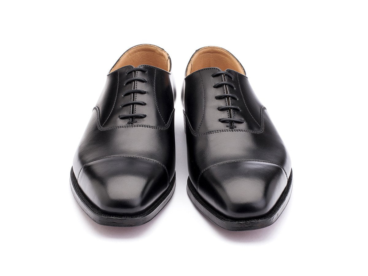 Front view of Crockett & Jones Hallam plain captoe oxford shoes in black calf