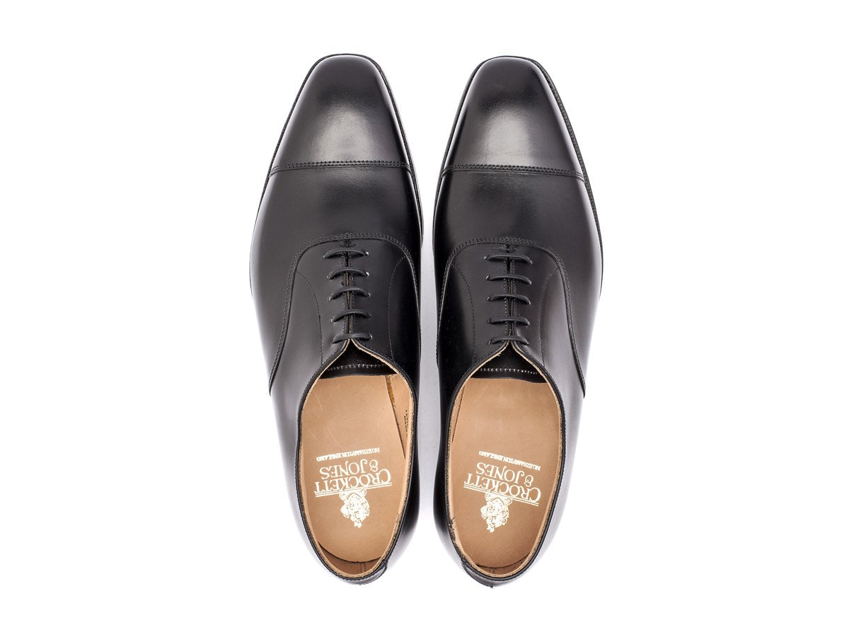 Top view of Crockett & Jones Hallam plain captoe oxford shoes in black calf
