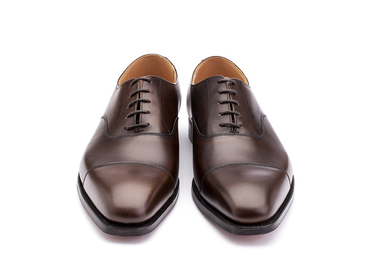 Front view of Crockett & Jones Hallam plain captoe oxford shoes in dark brown burnished calf