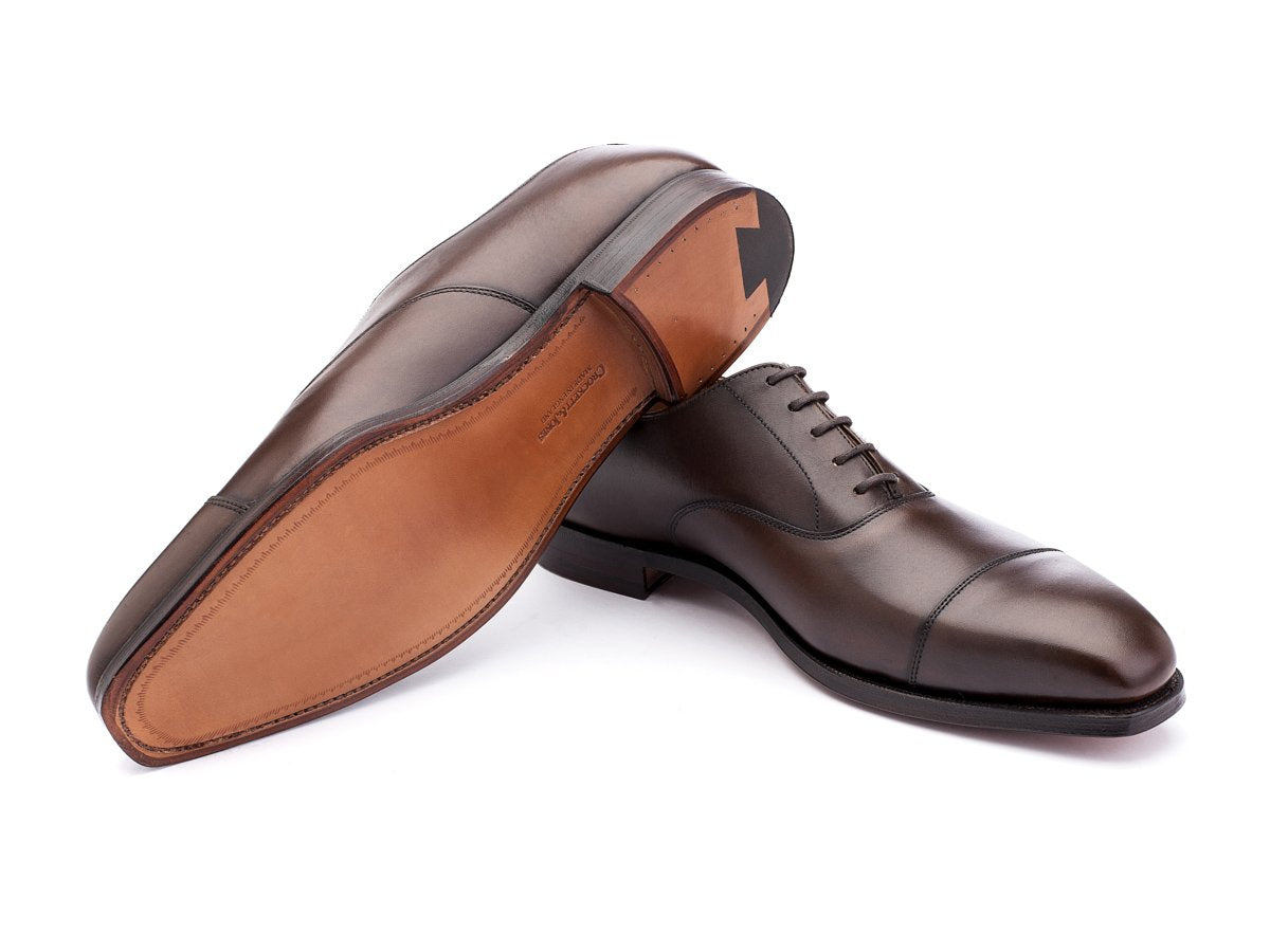 Leather sole of Crockett & Jones Hallam plain captoe oxford shoes in dark brown burnished calf