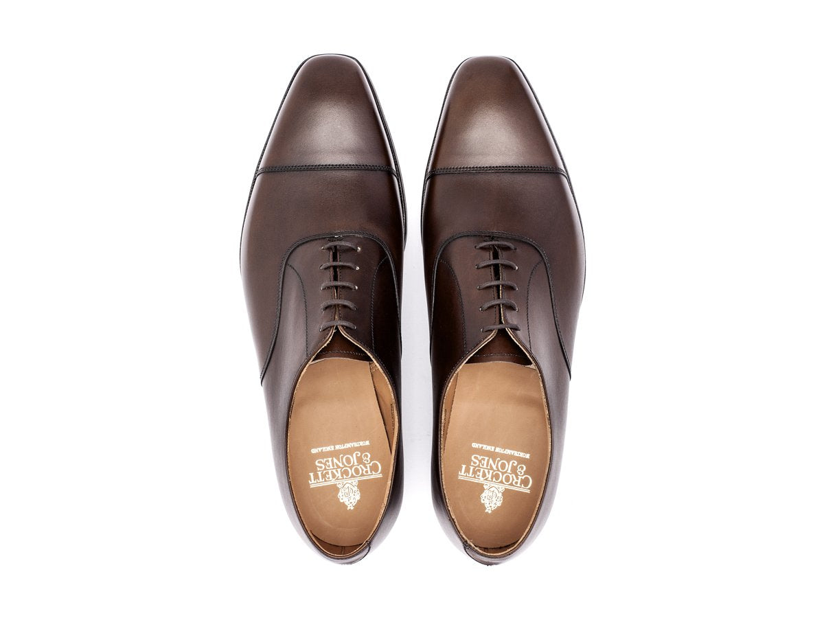 Top view of Crockett & Jones Hallam plain captoe oxford shoes in dark brown burnished calf