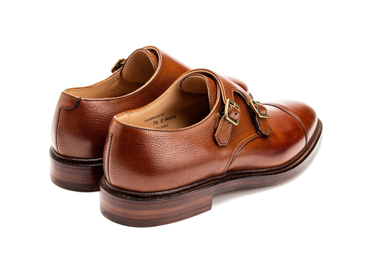 Back angle view of Crockett & Jones Harrogate captoe double monk strap shoes in tan scotch grain calf