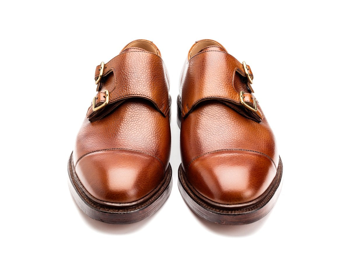 Front view of Crockett & Jones Harrogate captoe double monk strap shoes in tan scotch grain calf