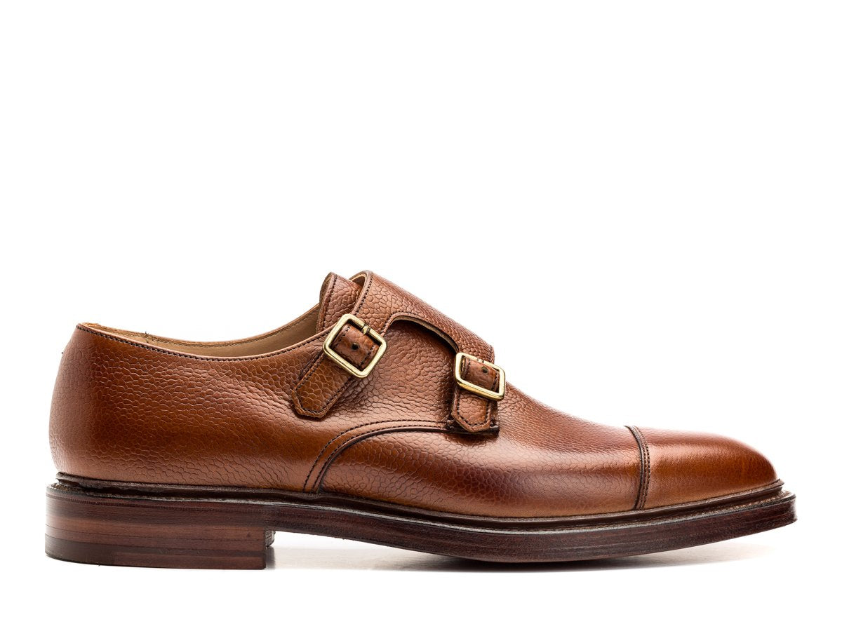 Side view of Crockett & Jones Harrogate captoe double monk strap shoes in tan scotch grain calf