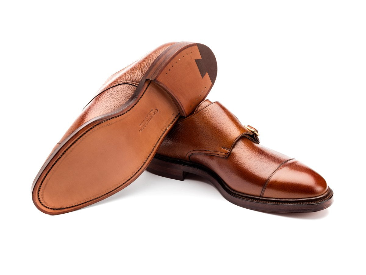 Leather sole of Crockett & Jones Harrogate captoe double monk strap shoes in tan scotch grain calf