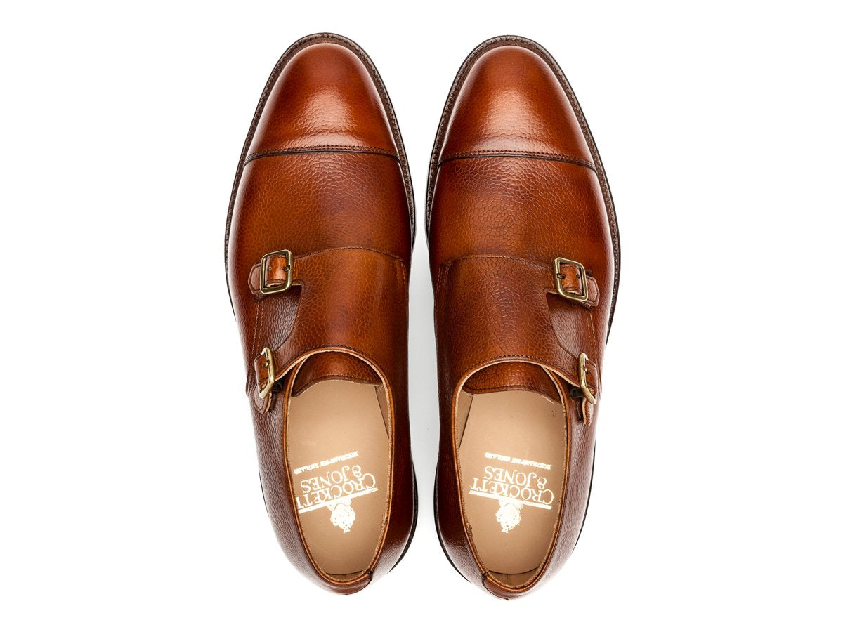 Top view of Crockett & Jones Harrogate captoe double monk strap shoes in tan scotch grain calf