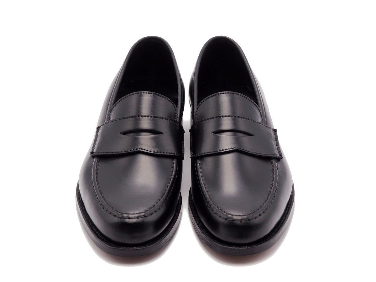 Front view of Crockett & Jones Harvard 2 penny loafers in black shell cordovan