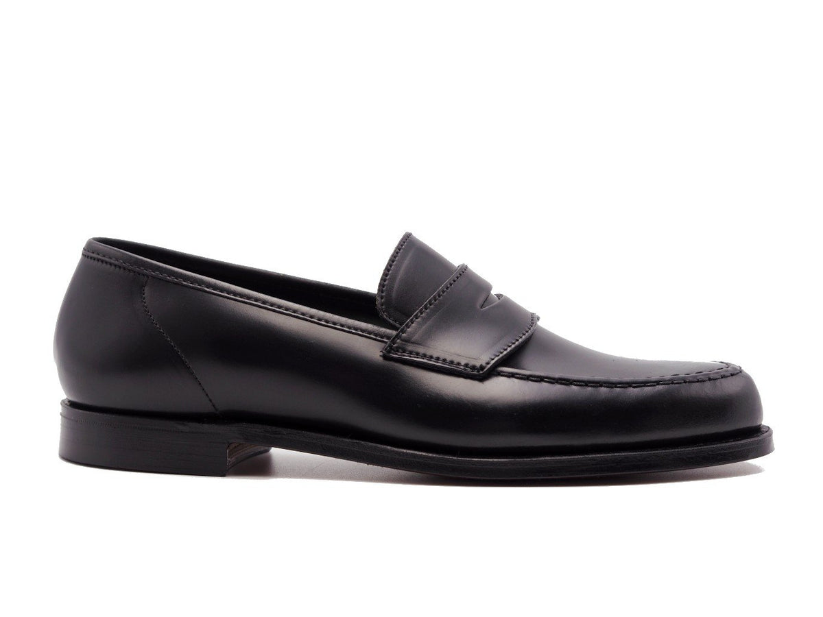 Side view of Crockett & Jones Harvard 2 penny loafers in black shell cordovan