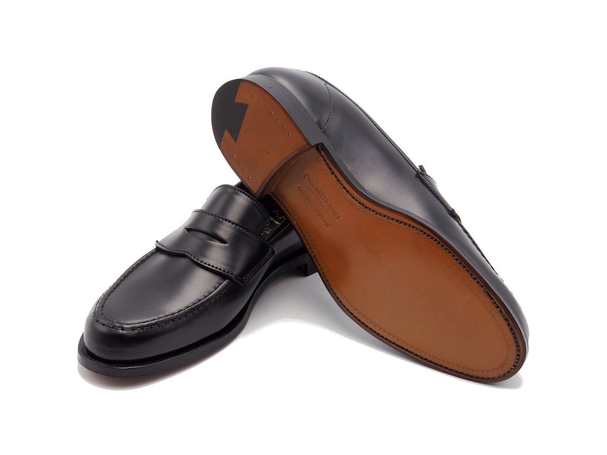 Leather sole of Crockett & Jones Harvard 2 penny loafers in black shell cordovan