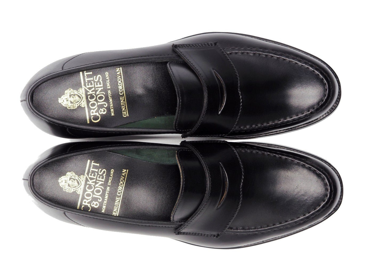 Top view of Crockett & Jones Harvard 2 penny loafers in black shell cordovan