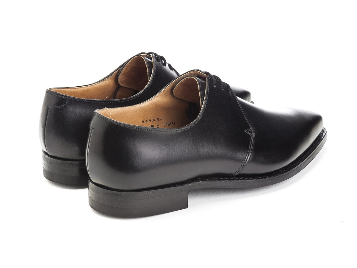 Back angle view of Crockett & Jones Highbury plain toe 3 eyelet derby shoes in black calf
