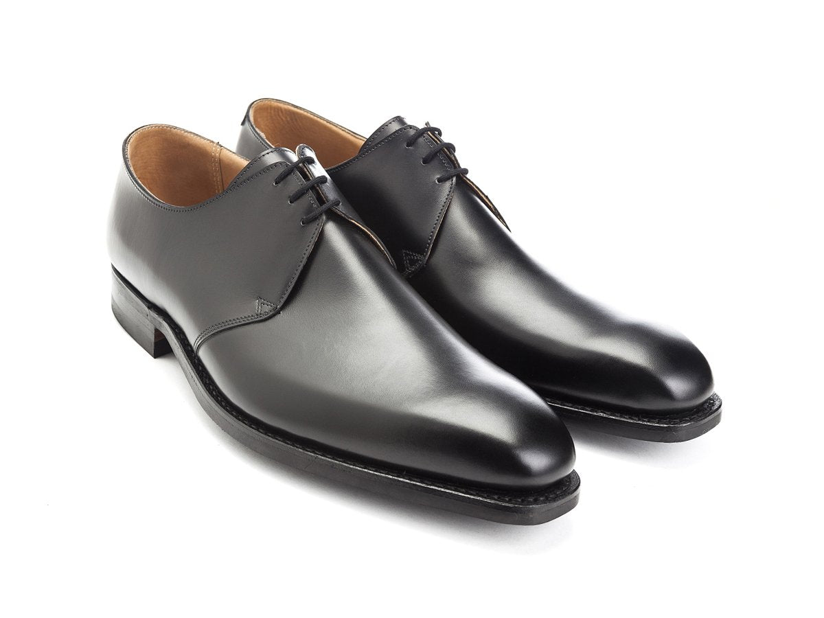 Front angle view of Crockett & Jones Highbury plain toe 3 eyelet derby shoes in black calf