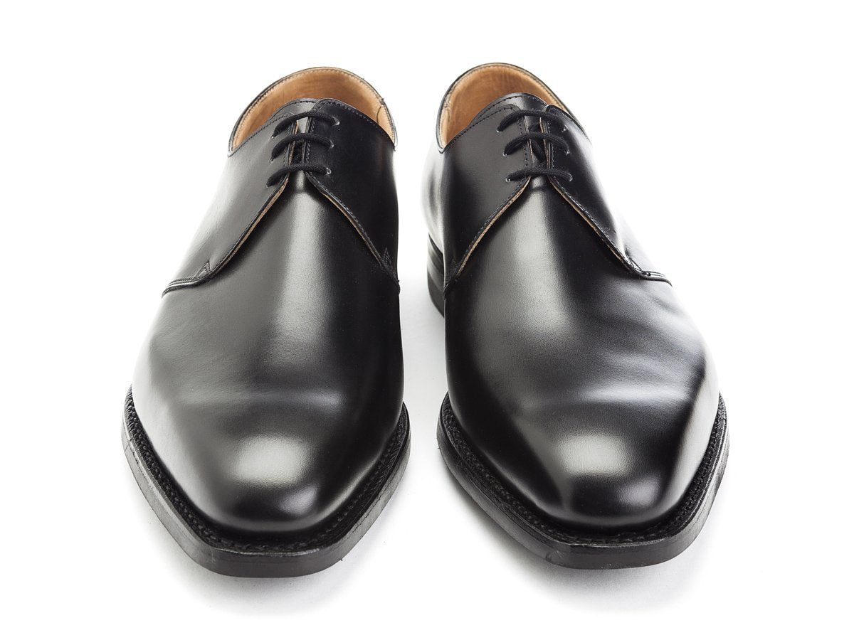 Front view of Crockett & Jones Highbury plain toe 3 eyelet derby shoes in black calf