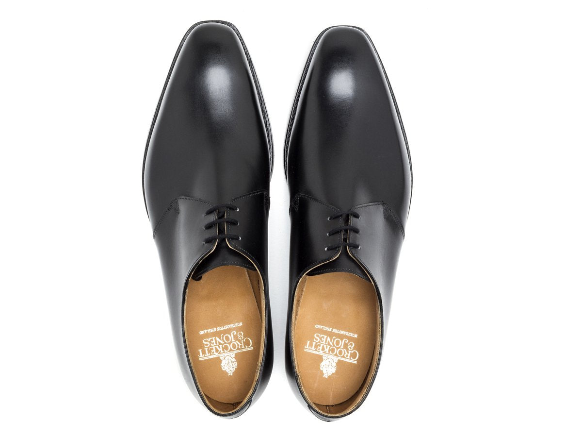 Top view of Crockett & Jones Highbury plain toe 3 eyelet derby shoes in black calf