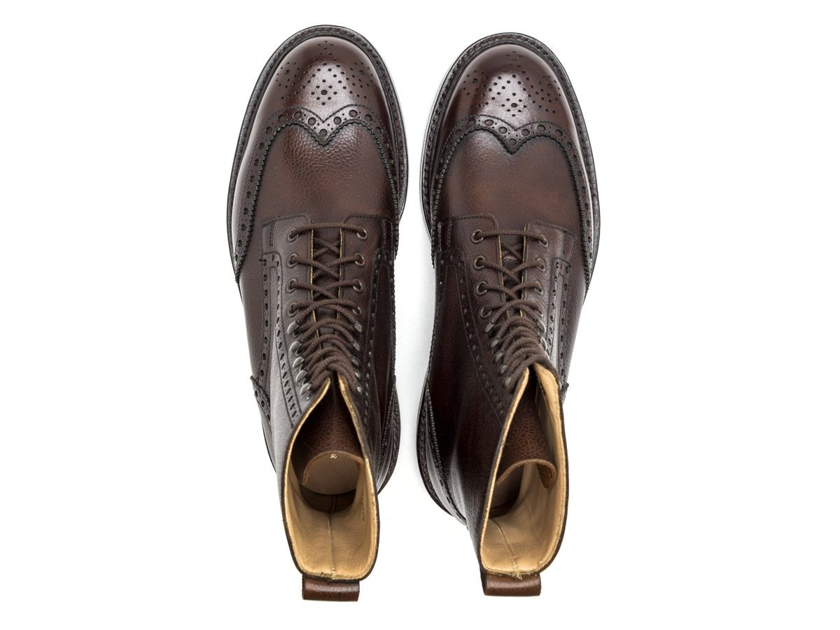 Top view of Crockett & Jones Islay wingtip brogue derby boots in dark brown scotch grain calf