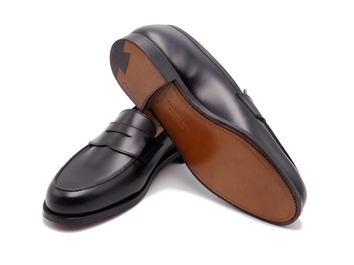 Leather sole of Crockett & Jones Kirribilli penny loafers in black calf