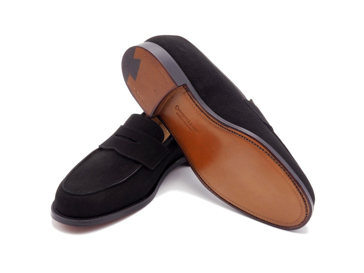 Leather sole of Crockett & Jones Kirribilli penny loafers in black suede