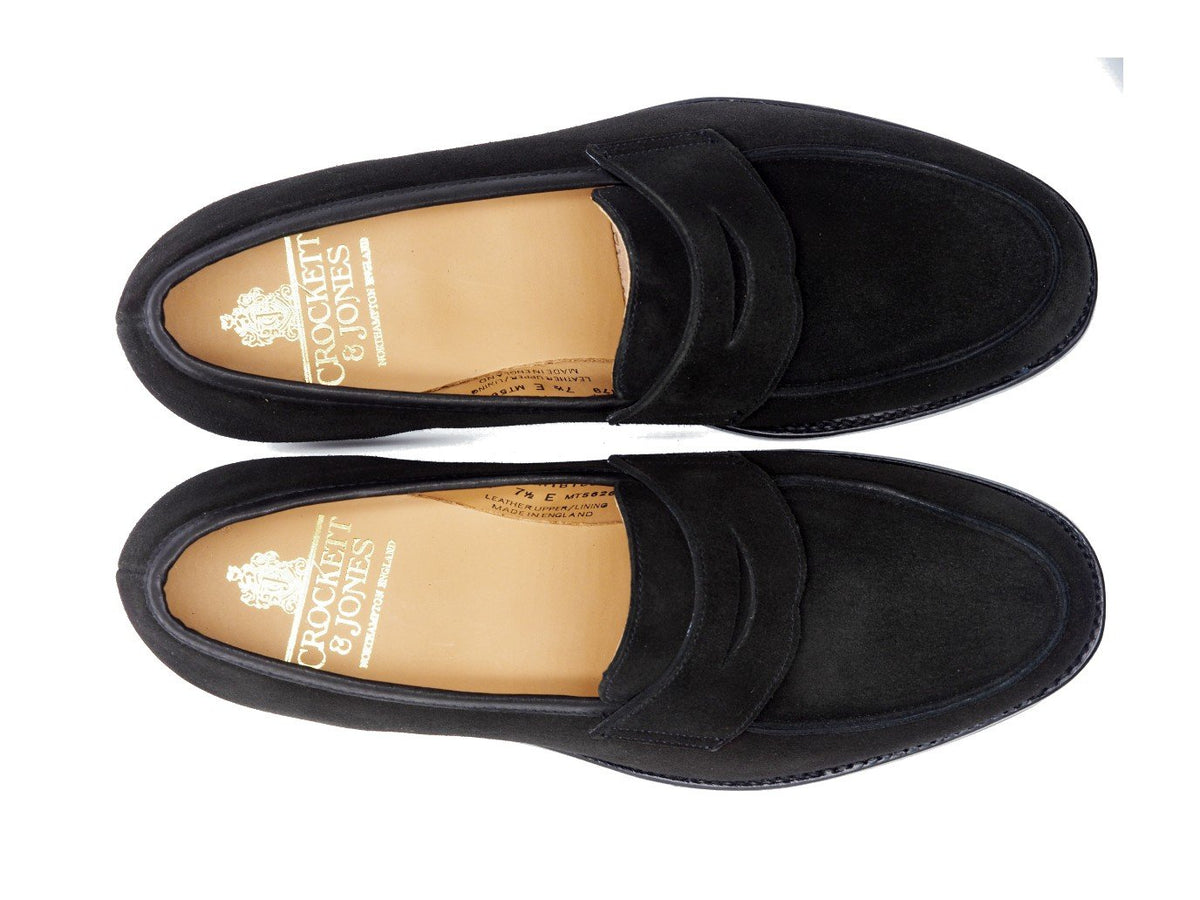 Top view of Crockett & Jones Kirribilli penny loafers in black suede