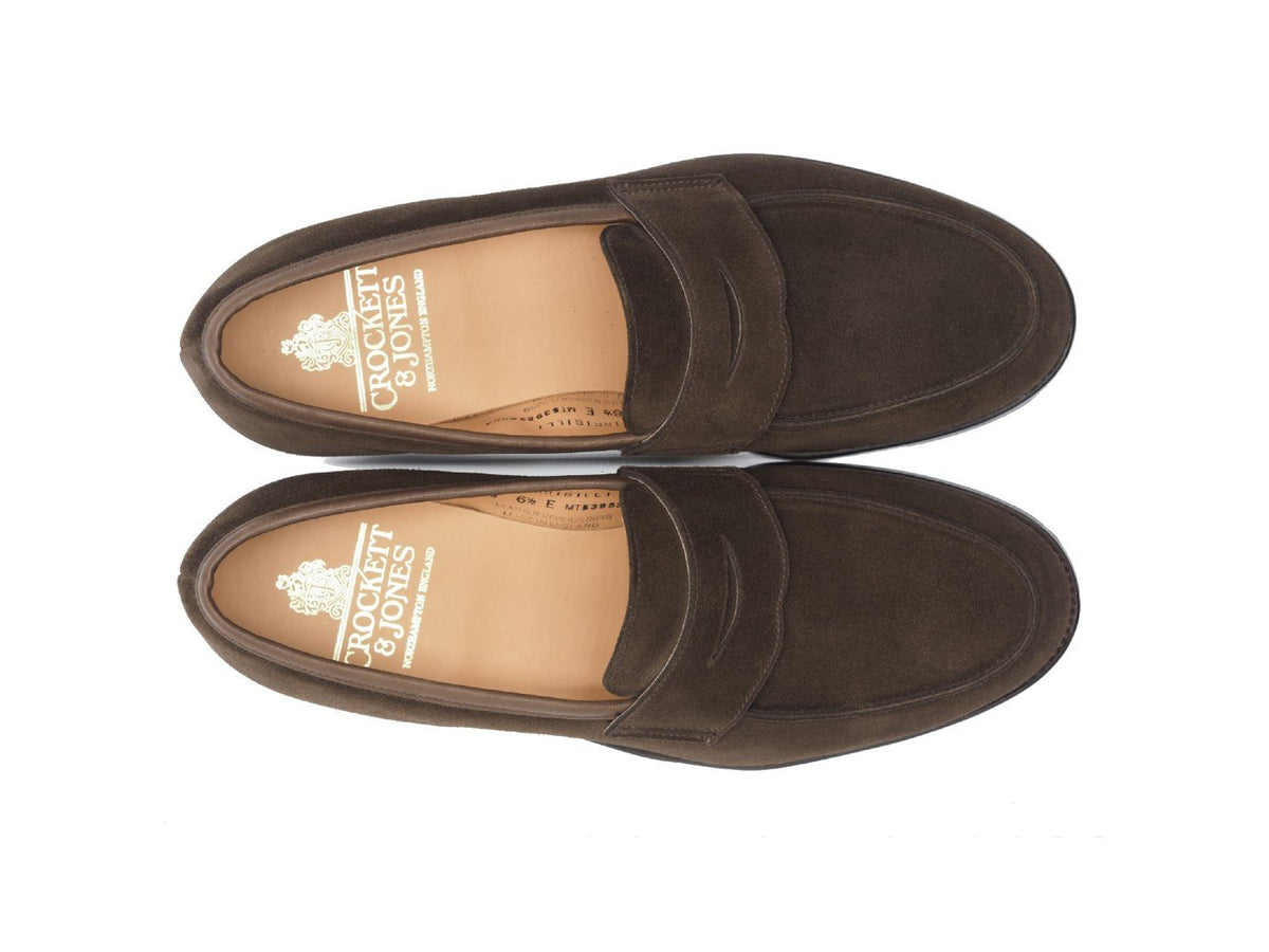 Top view of Crockett & Jones Kirribilli penny loafers in dark brown suede