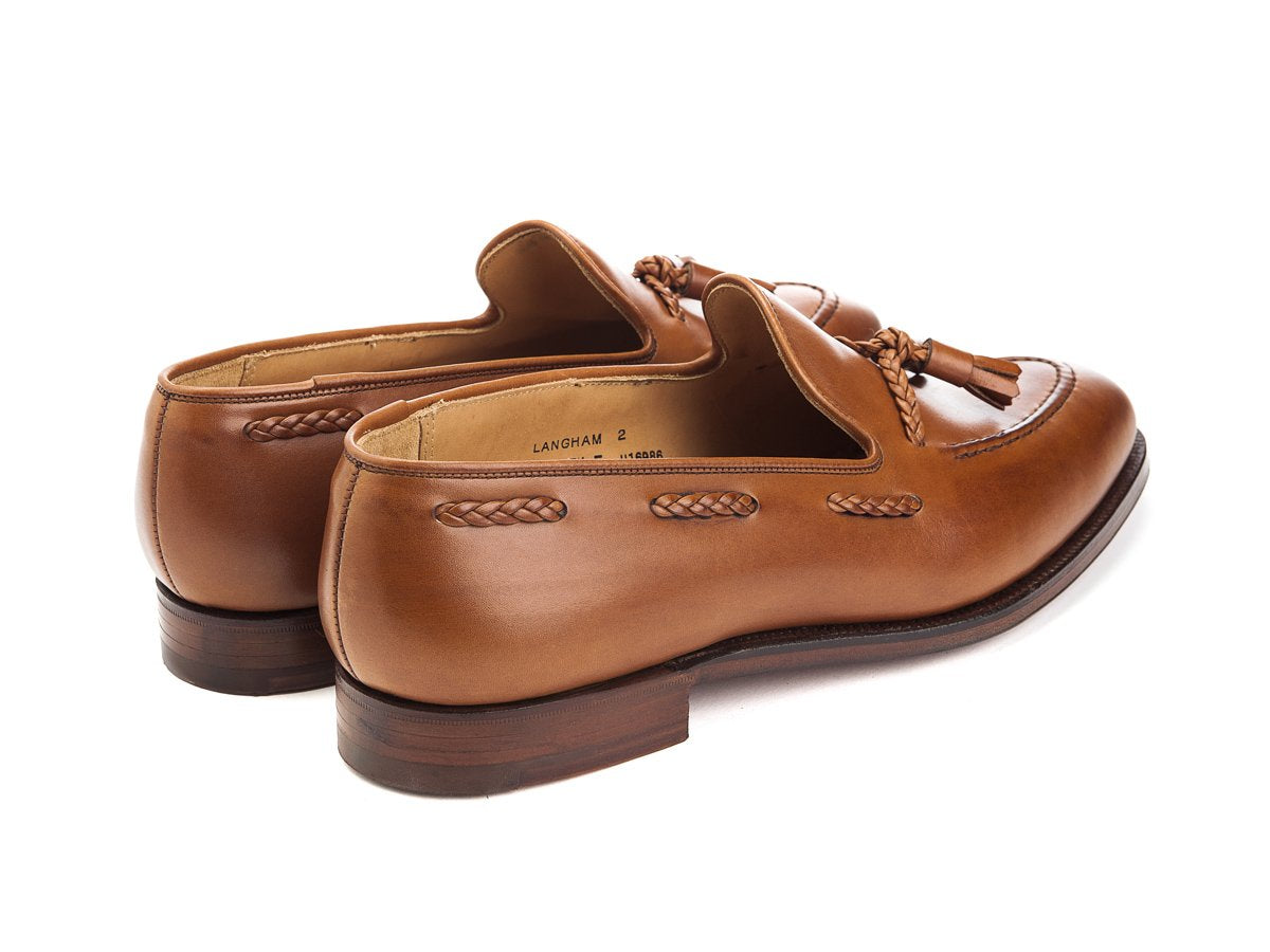 Back angle view of Crockett & Jones Langham 2 braided tassel loafers in ivywood burnished calf