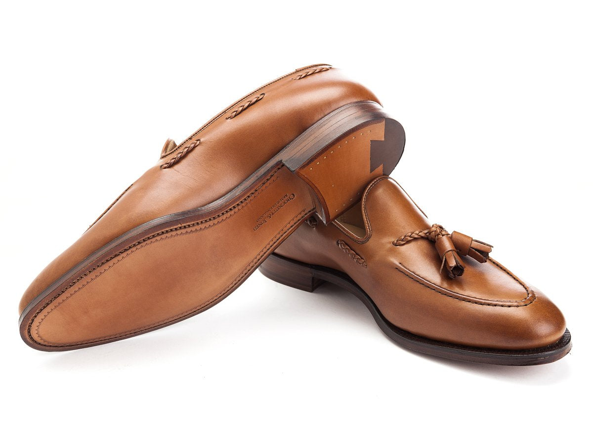 Leather sole of Crockett & Jones Langham 2 braided tassel loafers in ivywood burnished calf