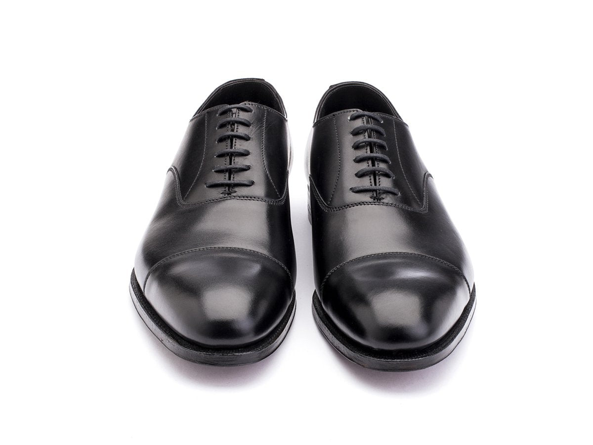 Front view of Crockett & Jones Lonsdale plain captoe oxford shoes in black calf