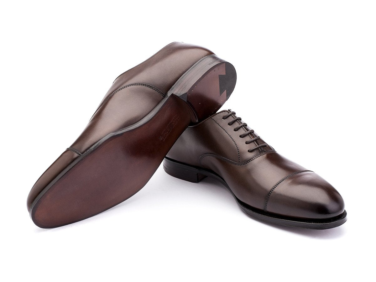 Leather sole of Crockett & Jones Lonsdale plain captoe oxford shoes in dark brown antique calf