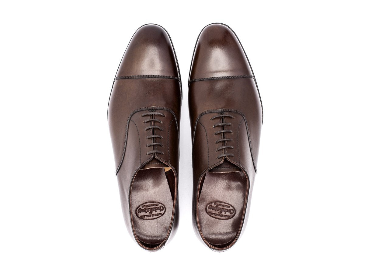 Top view of Crockett & Jones Lonsdale plain captoe oxford shoes in dark brown antique calf