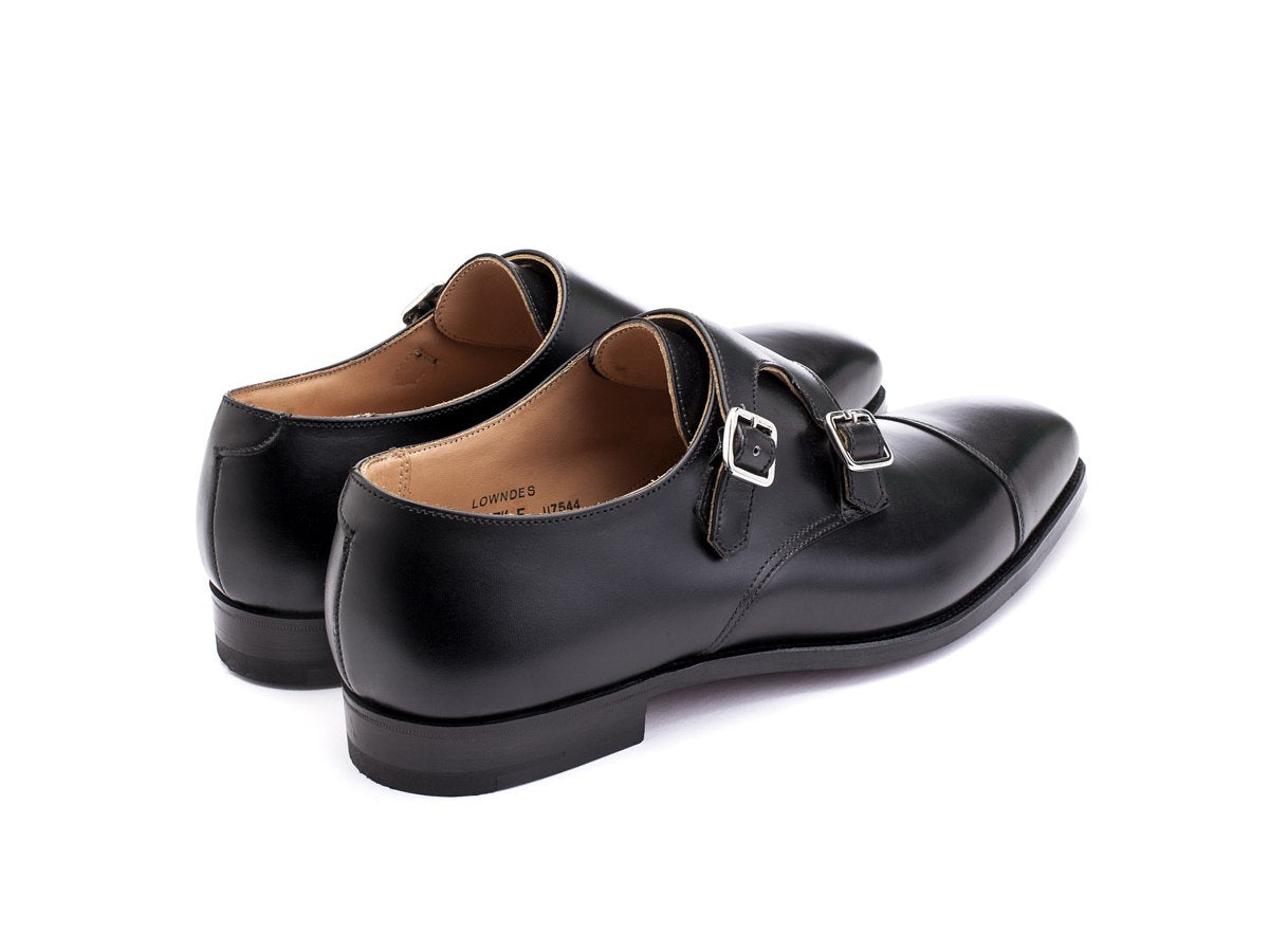 Back angle view of Crockett & Jones Lowndes captoe double monk strap shoes in black calf