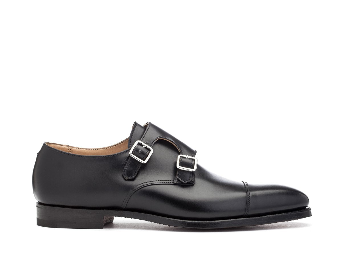 Side view of Crockett & Jones Lowndes captoe double monk strap shoes in black calf