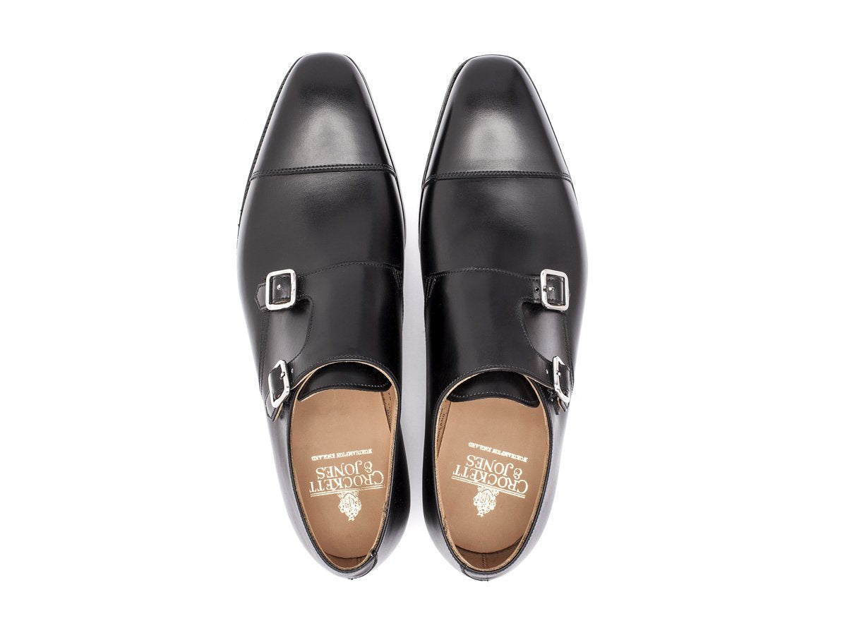 Top view of Crockett & Jones Lowndes captoe double monk strap shoes in black calf