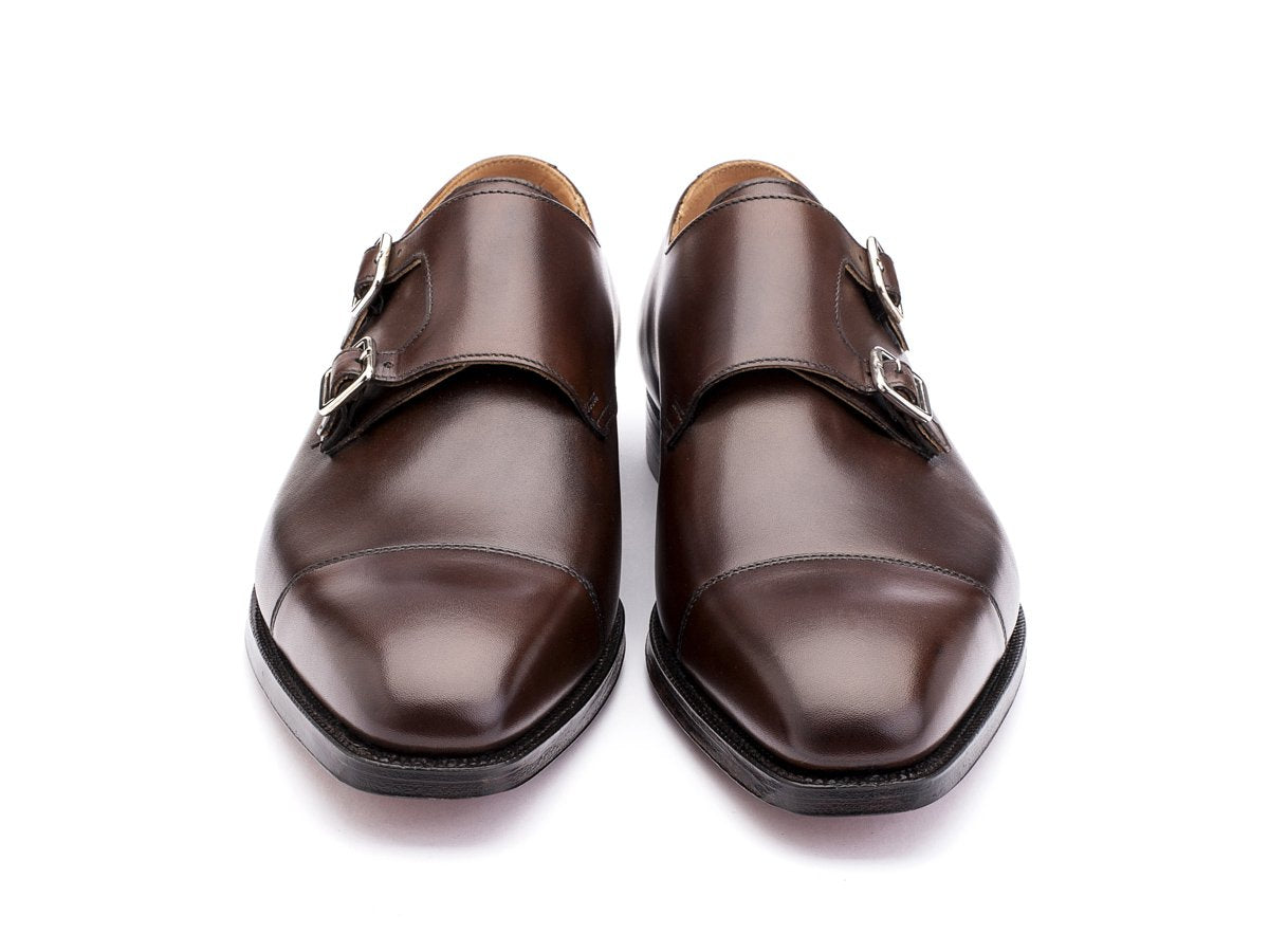Front view of Crockett & Jones Lowndes captoe double monk strap shoes in dark brown burnished calf