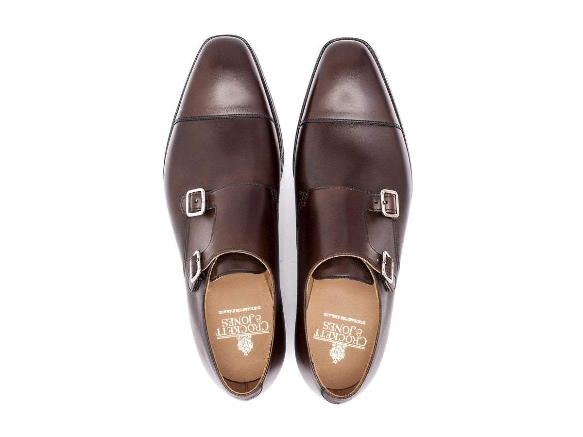 Top view of Crockett & Jones Lowndes captoe double monk strap shoes in dark brown burnished calf