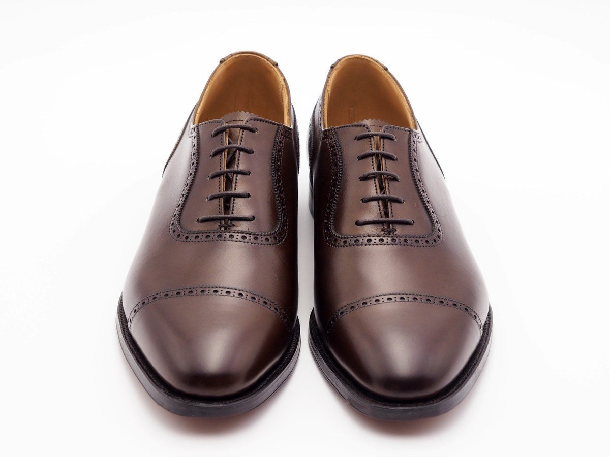 Front view of Crockett & Jones Macquarie 2 adelaide brogue oxford shoes in dark brown burnished calf