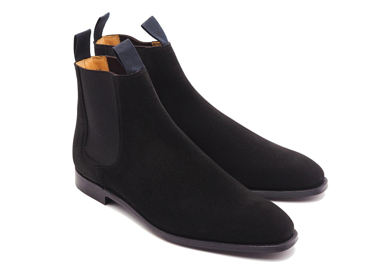 Front angle view of Crockett & Jones Maitland chelsea boots in black suede