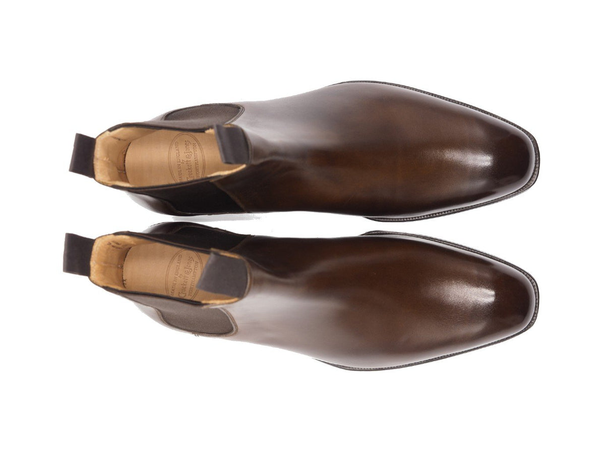 Top view of Crockett & Jones Maitland chelsea boots in dark brown antique calf