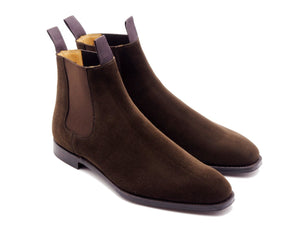 Front angle view of Crockett & Jones Maitland chelsea boots in dark brown suede