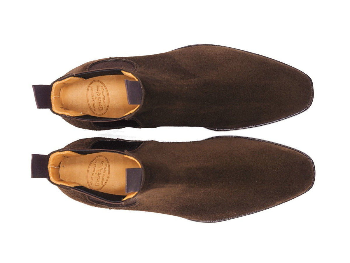 Top view of Crockett & Jones Maitland chelsea boots in dark brown suede