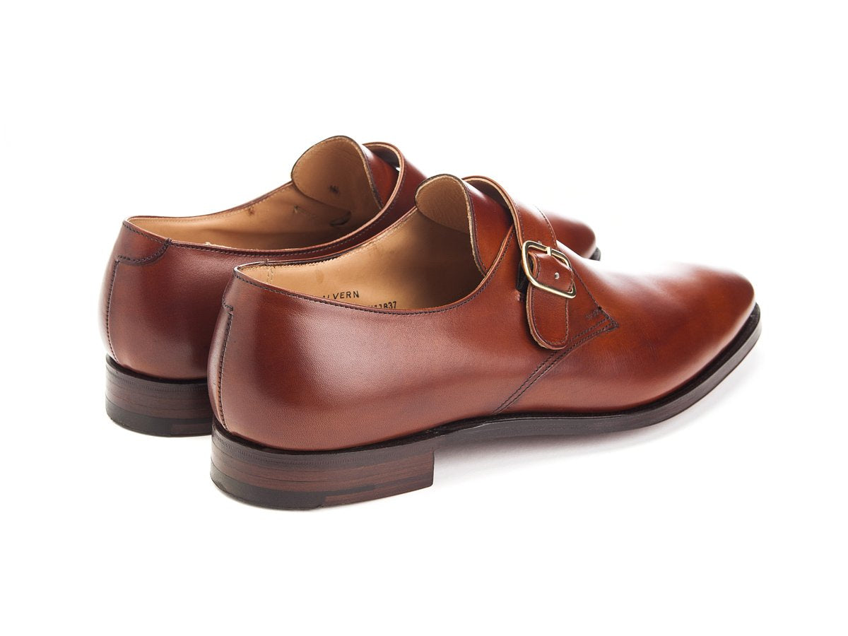 Back angle view of Crockett & Jones Malvern plain toe single monk strap shoes in chestnut burnished calf