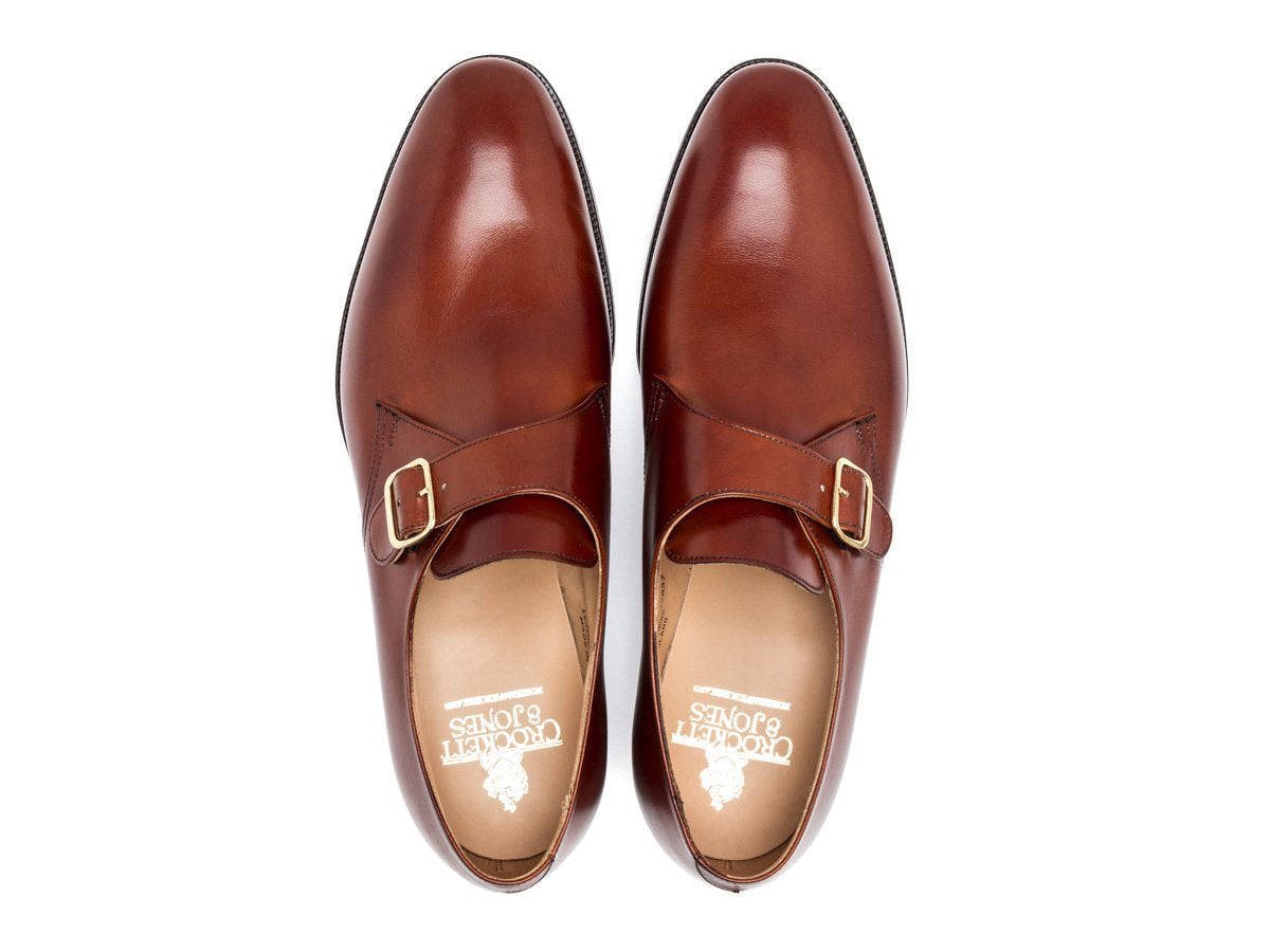 Top view of Crockett & Jones Malvern plain toe single monk strap shoes in chestnut burnished calf