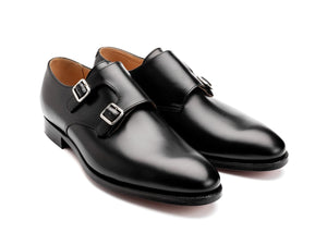 Front angle view of Crockett & Jones Melbourne plain toe double monk strap shoes in black calf