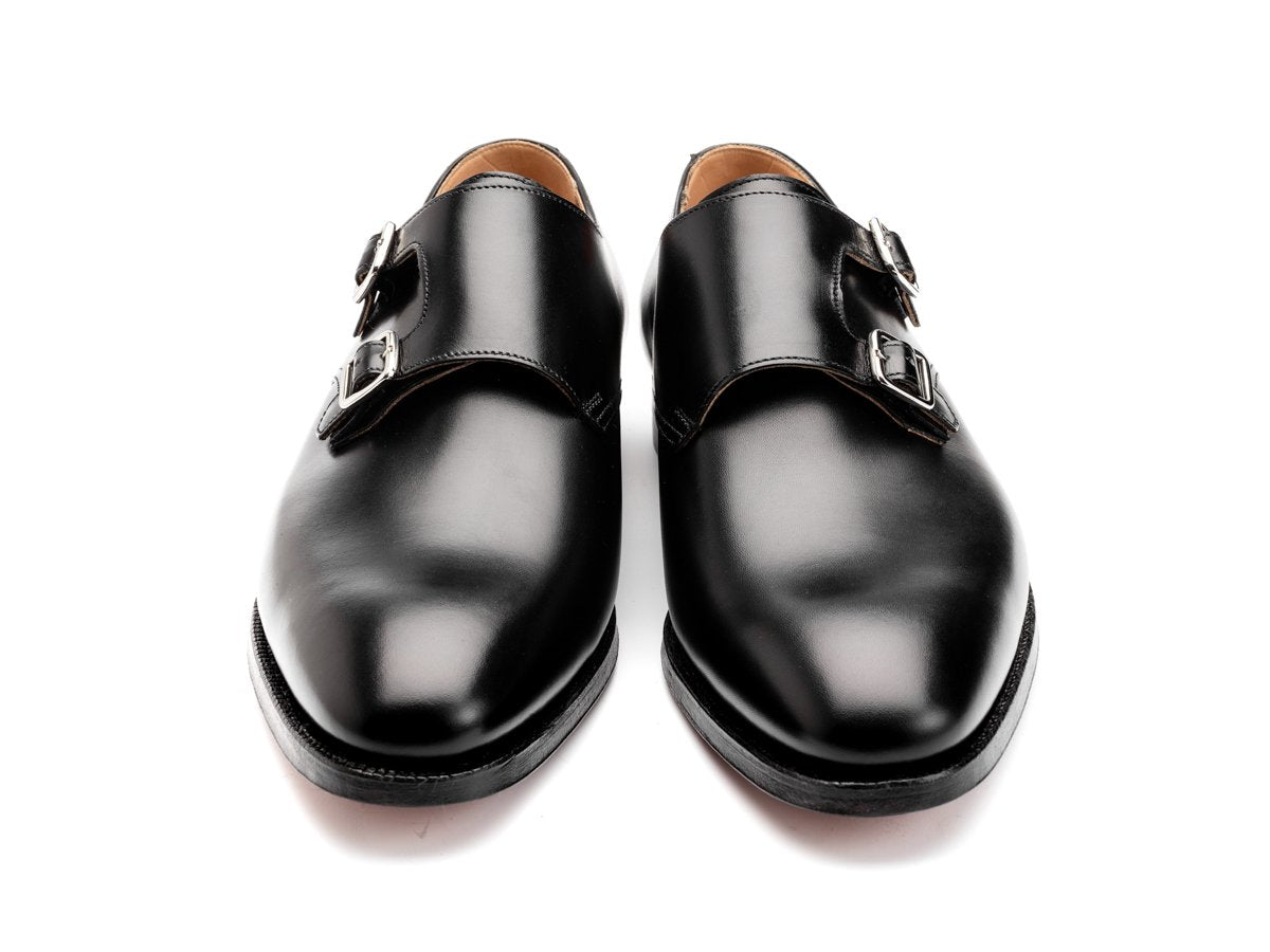 Front view of Crockett & Jones Melbourne plain toe double monk strap shoes in black calf
