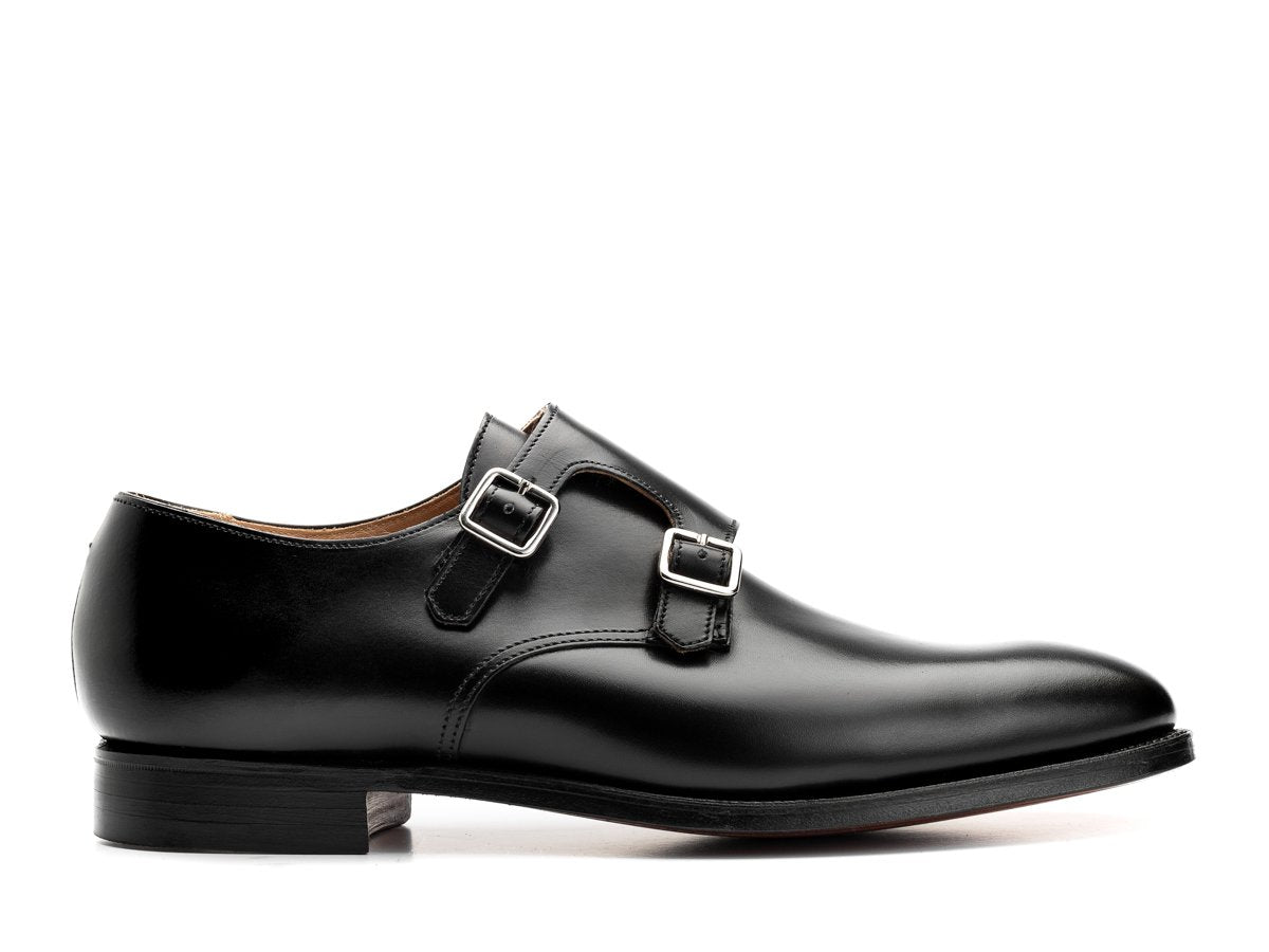 Side view of Crockett & Jones Melbourne plain toe double monk strap shoes in black calf
